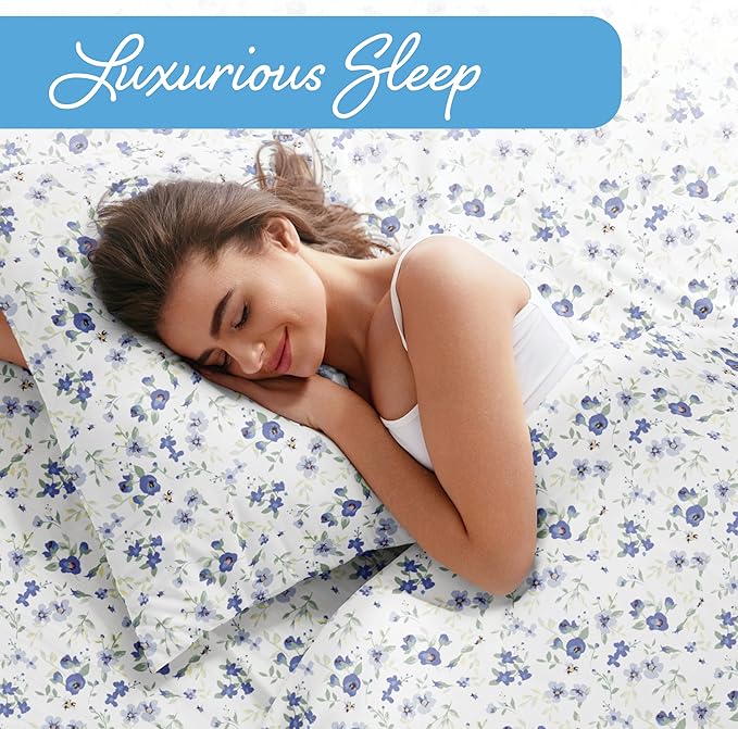 Linen Market 4 Piece Queen Sheet Set - Breathable, Double-Brushed Patterned Cooling Sheets – Oeko-TEX Certified Ultra Soft & Wrinkle-Free 16" Deep-Pocket Queen Sheets - Easy Care Blossoms Light Blue