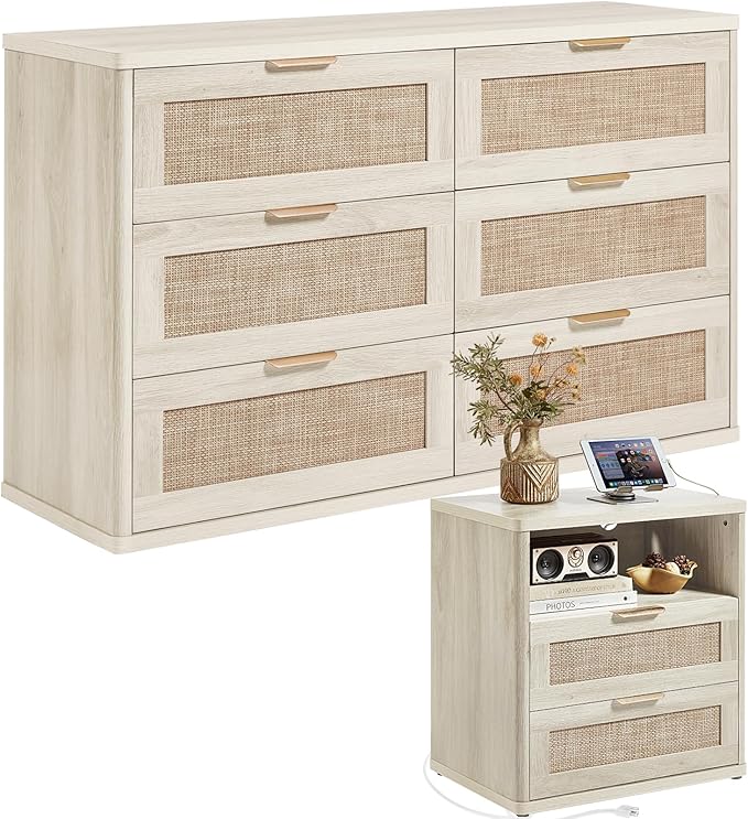 LEYAOYAO Rattan Dresser and Nightstand Set of 2, Boho Wood Dresser for Bedroom with 6 Drawers and Night Stand with Charging Station, Bedroom Furniture, Dressers & Chests of Drawers,Living Room,Hallway
