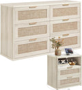 LEYAOYAO Rattan Dresser and Nightstand Set of 2, Boho Wood Dresser for Bedroom with 6 Drawers and Night Stand with Charging Station, Bedroom Furniture, Dressers & Chests of Drawers,Living Room,Hallway