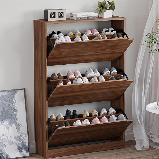 Shoe Cabinet with 3 Flip Drawers, Slim Narrow Shoe Storage Cabinet, Freestanding Shoe Organizer with Adjustable & Removable Shelves, Top Display Shelf for Entryway, Hallway, Foyer, Closet