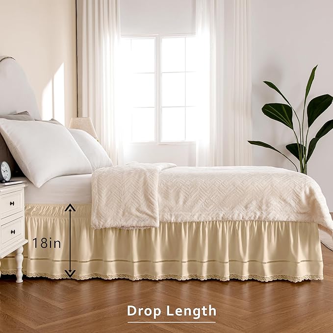 MIYE Wrap Around Ruffled Lace Bed Skirt, Elastic Dust Ruffle with Adjustable Belts, Easy to Put On, Bed Frame Cover, Machine Washable (Floral Lace/Light Beige, King/Queen-18 Drop)