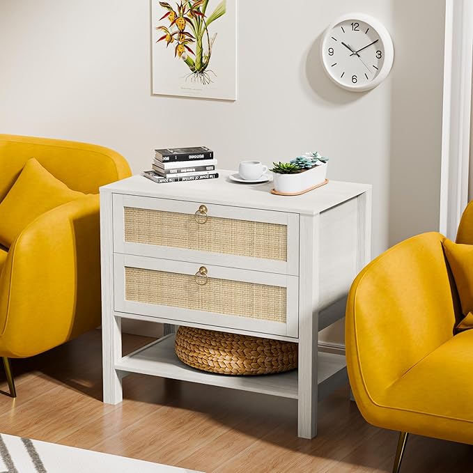 White Night Stand Set of 2 with 2 Drawers and Storage Shelf, 26” Tall Boho Nightstand, Wood Large Bedside Table for Bedroom, Side Table, White