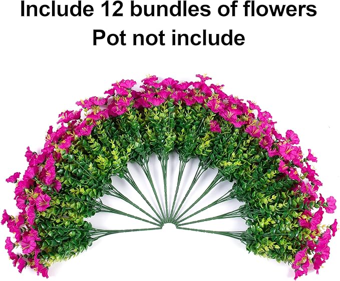 Artificial Flowers Fake Plants for Outdoors Decoration, 12 Bundles Silk Morning Glory with Eucalyptus Realistic UV Resistant Fuchsia Faux Flowers for Outside Planter Yard Patio Garden Home Indoor Urn