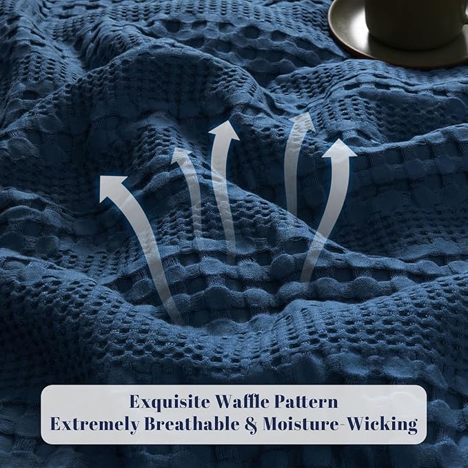 PHF Cooling Waffle Blanket King Size, Lightweight 60% Rayon Derived from Bamboo & 40% Cotton Breathable Blanket for Hot Sleepers, Soft and Luxury for Bed Couch and Sofa, 104"x90", Navy Blue
