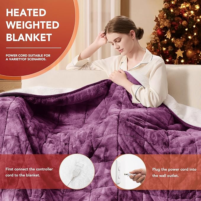Homemate Heated Weighted Blanket for Adults - 50"x60" 10lbs Electric Throw Fast Heating Heavy Blanket 1/2/4/6/8 Hour Auto Off 10 Heat Levels Over-Heat Protection Soft Flannel Sherpa