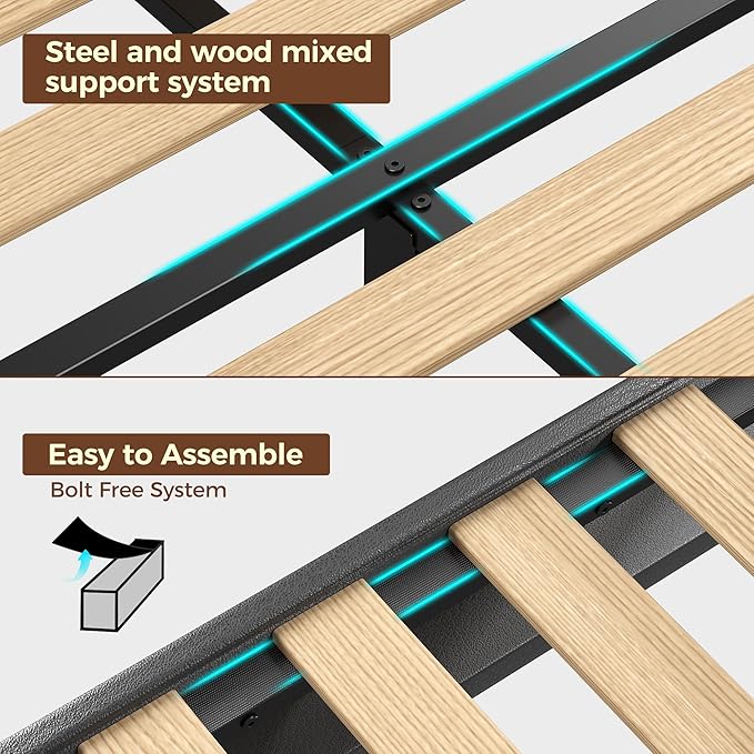 Rolanstar Twin Size Bed Frame, Storage Headboard with Charging Station and LED Lights, Upholstered Bed with Heavy Duty Wood Slats, No Box Spring Needed, Noise Free, Easy Assembly, Black