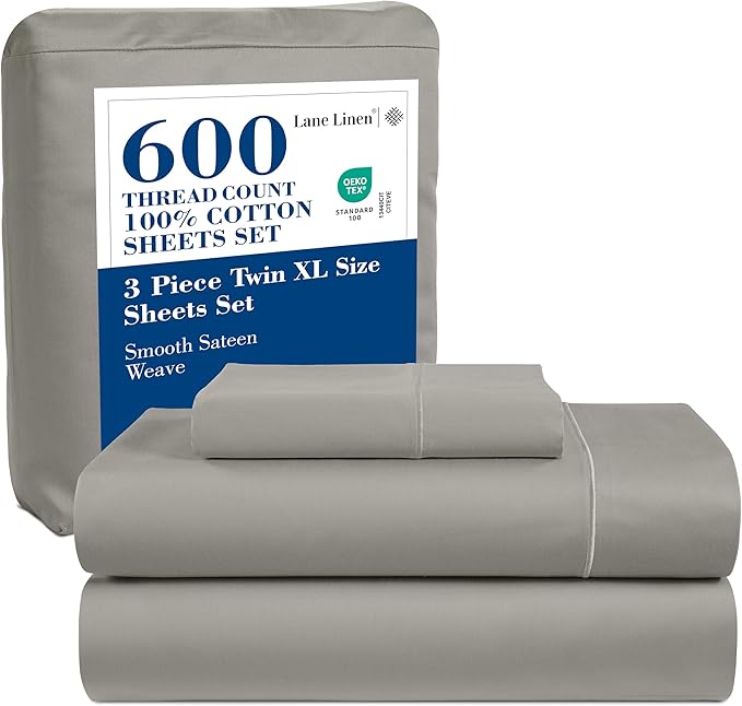 LANE LINEN 600 Thread Count Twin XL Bed Sheets Set - 100% Mercerized Cotton Twin XL Sheets, Soft & Comfy Sateen Weave for Silky Touch, Machine wash Luxury Hotel Style Thick Twin XL Sheet - Silver