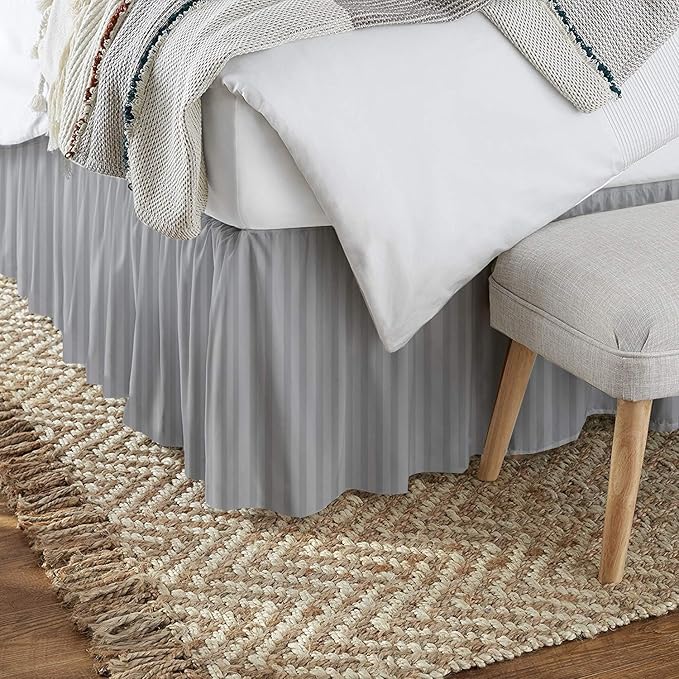 KRISHNA Ruffled Bed Skirt with Split Corners Queen, 100% Microfiber Hotel Quality, 15 Inch Drop Dust Ruffle Gathered Bedskirt with Platform, 60" x 80", Light Grey Stripe