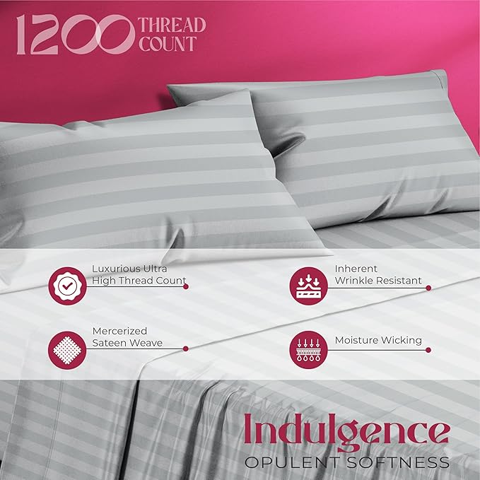 Mayfair Linen 100% Egyptian Cotton Sheets King Size - 1200 Thread Count King Size Sheets Set Egyptian Cotton, 4 PC Damask Luxury Bedsheet, Soft Cooling, 17" Deep Pocket Sateen Weave - Silver Stripe