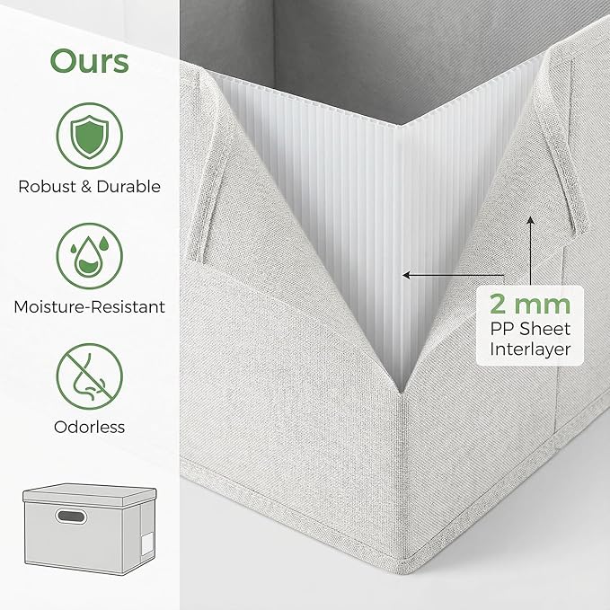 PRANDOM Storage Boxes with Lids [3-Pack] Linen Fabric Foldable Storage Bins Organizer Containers Baskets Cube with Cover for Closet Office Nursery Beige（11.4X8.6X6.7