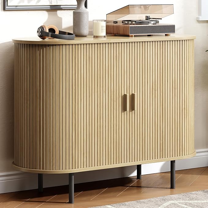 Buffet Cabinet with Storage, Fluted Sideboard Buffet with Sliding Door, Coffee Bar Cabinet with Adjustable Shelf, Console Table, Accent Table for Entryway, Kitchen (Oak, 40 Inch)