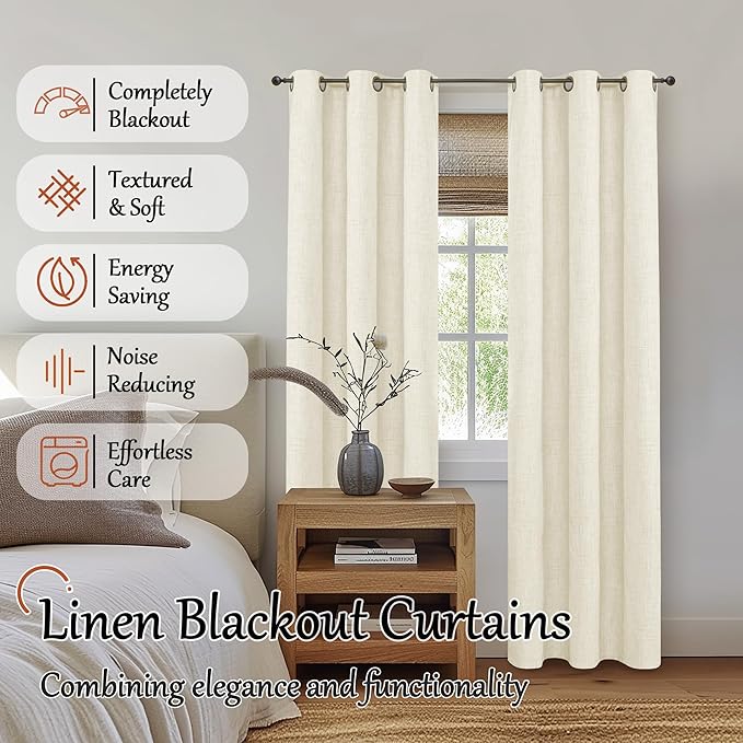Linen Blackout Curtains for Living Room Narrow Window, Thermal Insulated Complete Light Blocking Privacy Soundproof Small Curtains for Bedroom, Each 38 Inch Wide 80 Inch Length 2 Panels, Cream