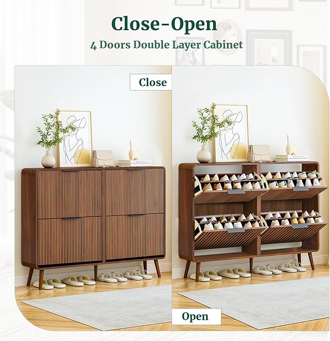 47" Fluted Large Shoe Cabinet with 4 Flip Drawers, Slim Freestanding Shoe Cabinet Organizer, Narrow Shoes Storage Rack for Entryway, 5 Sturdy Legs (All Walnut, 9.45" D x 47.24" W x 35.83" H)