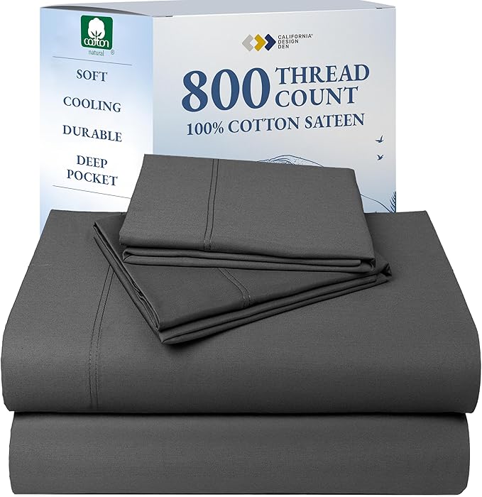 California Design Den Luxury 100% Cotton Sheets King Size Sheet Set - Buttery Soft 800 Thread Count Sateen, Deep Pocket Bedding Set - Grey