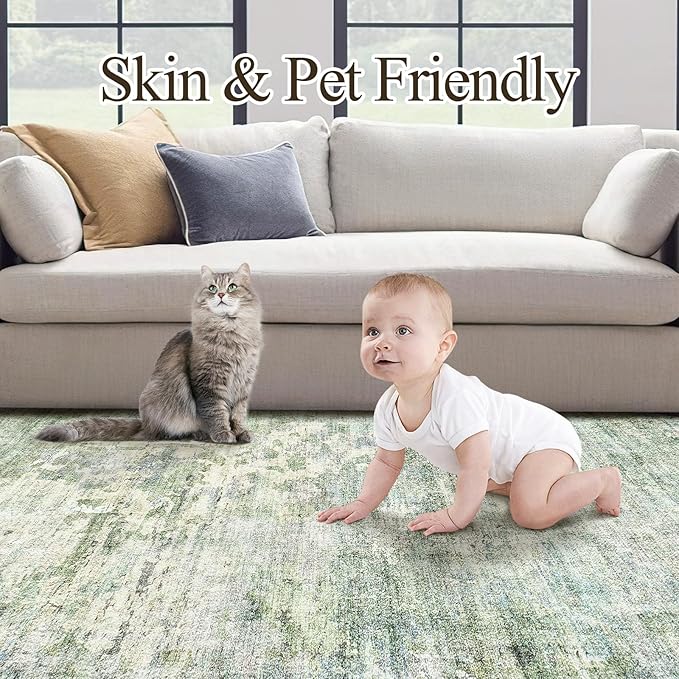 Abstract Rug 5x7 Machine Washable Area Indoor Green Low Pile Non-Slip Foldable Thin Accent Rugs for Bedroom Living Room Dining Room