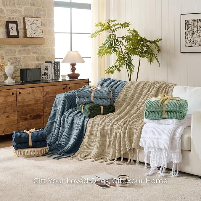 Boho Knitted Chenille Blanket with Tassels - Lightweight & Soft All-Season Throw - 3D Classic Pattern for Living Room Bedroom Couch, Sandy Beige, King 90"x108"