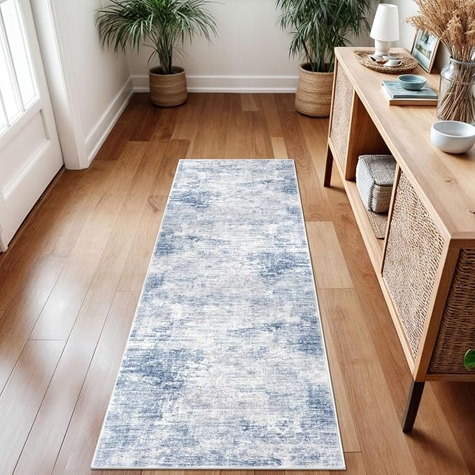 IOHOUZE Abstract Runner Rug 2x7 Ft Washable Runners for Hallways, Non Slip Kitchen Runner Printed Faux Wool Entryway Runners Indoor, Modern Floor Carpet for Hall Kitchen Bedroom, Light Blue White
