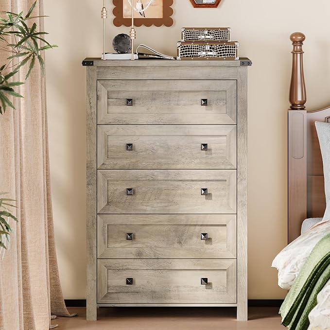 Dresser for Bedroom with 5 Drawers, Tall Wood Chest of Drawers, Modern Farmhouse Closet Clothes Organizer, Storage Tower Cabinet with Metal Handles for Hallway, Living Room, Entryway, Light Grey