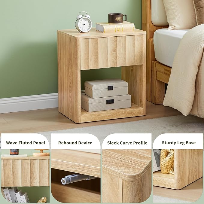 Fluted Dresser, Small Nightstands Set of 2, Natural Bedside Table with Drawer and Storage, Mid Century Modern Side Table for Bedroom Sofa