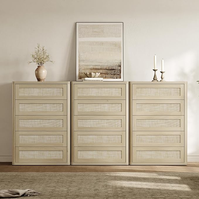 SICOTAS Tall Dresser for Bedroom - Rattan 5 Drawer Dressers Chest of Drawers with Push-to-Open Design, Boho Extra Deep Clothes Dresser with Large Storage for Closet, Living Room, Sand Oak, 3PCS