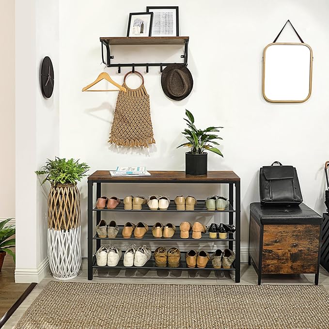 VASAGLE 4 Tier Shoe Rack, Shoe Organizer for Closet, Entryway, 16-20 Pairs of Shoes, Large Shoe Rack Organizer with 3 Metal Mesh Shelves, 11.8 x 39.4 x 28.3 Inches, Rustic Brown and Black ULBS14BX