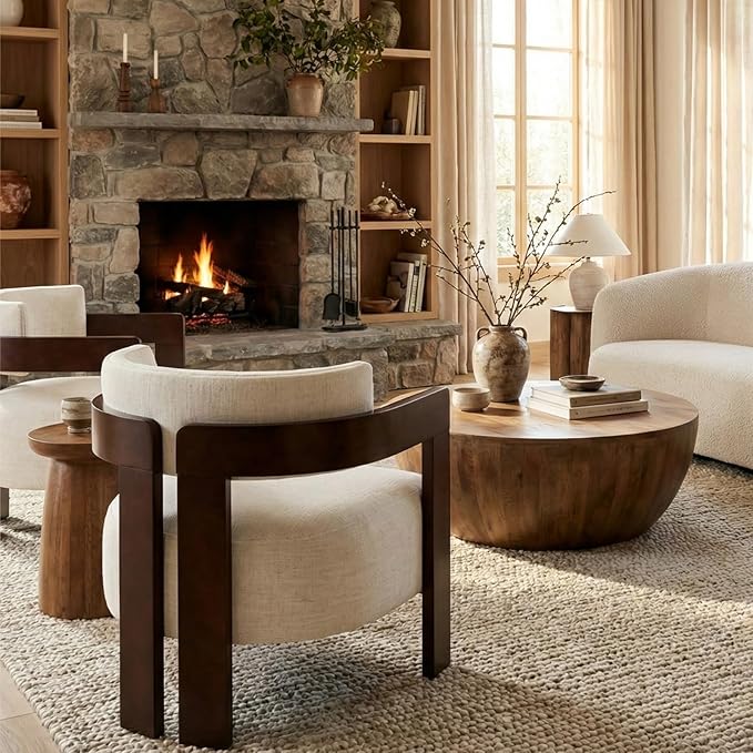 Beige Linen Accent Chairs Set of 2, Cozy Upholstered Living Room Chair for Bedroom, Walnut Wood Frame, Vintage Modern Lounge Reading Chair for Apartment Waiting Room Office,Beige
