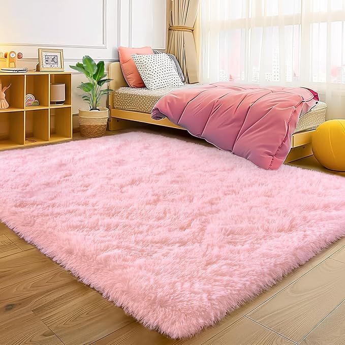 Fluffy Pink Rug for Bedroom Girls, 5x7 Soft Fuzzy Plush Shag Area Rug for Living Room, Cute Comfy Throw Rug for Kids, Non-Slip Indoor Shaggy Floor Carpet for Nursery Teen Dorms Home Decor Aesthetic