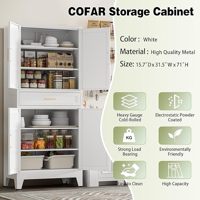 COFaR 71" Tall Kitchen Pantry, Farmhouse Storage Cabinet with Doors and Shelves, Metal Cabinet with Drawers and Legs, for Cupboard/Dining Room/Bathroom/Living Room/Office/Laundry Room (White).