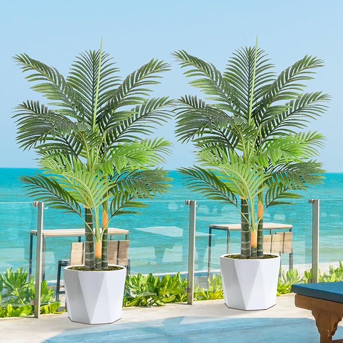 4ft Tall Triple Golden Cane Palm Artificial Tree 48" Large Tropical Palm Tree UV Resistant Fake Tree in Pot for Indoor Outdoor Big House Living Room Outside Patio Office Home Decor 2Pack