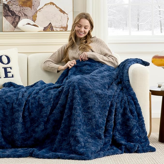 Cozy Bliss Faux Fur Throw Blanket for Couch, Fuzzy Soft Plush Thick Warm Fluffy Reversible Wave Textured Blanket for Sofa Bedroom Living Room, 55 * 70 Inches Navy Blue
