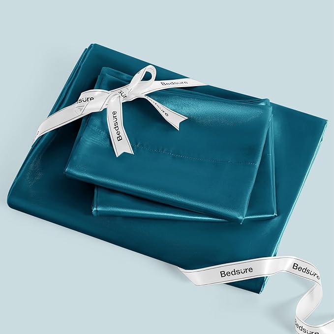 Bedsure Satin Sheets King Size - 4 Piece Silky Bedsheets with 15 Inches Deep Pocket Fitted Bedsheet,1 Flat Sheet, 2 Satin Pillowcases, Good for Hair & Skin (King, Teal)