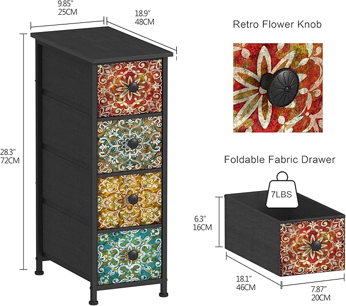 GiftGo Skinny Slim Dresser with Fabric Drawers Thin Boho Mandala Flower Chest of Drawers Narrow Storage Tower for Small Spaces Gaps Bedroom Beautiful Nightstand Living Room Table