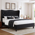 Upholstered Queen Size Bed Frame with Tall Headboard, Velvet Wingback Platform Bed Frame with Deep Button Tufted, No Box Spring Needed, Noise Free, Black