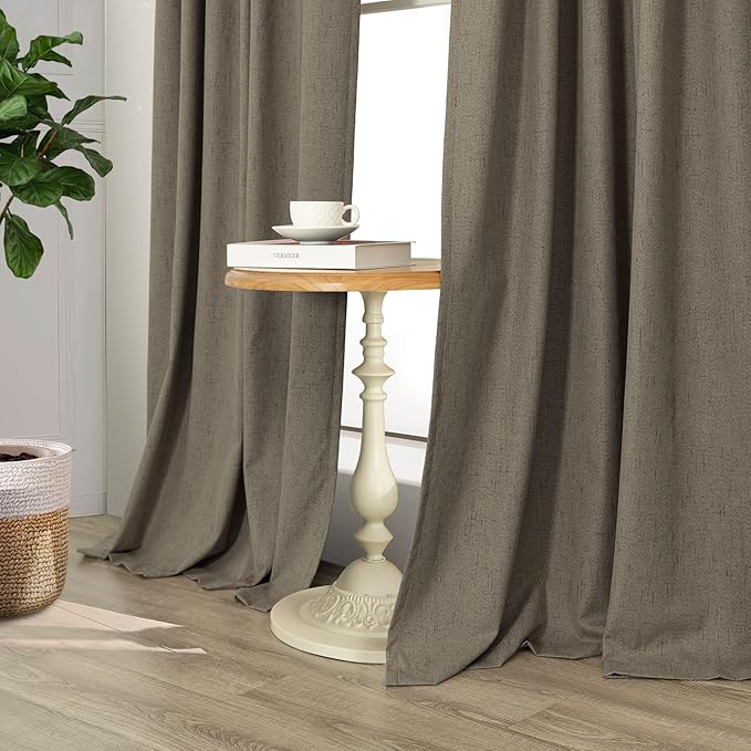 Brown Room Darkening Curtains 96 Inch Long for Living Room Dining Back Tab Linen Blackout Drapes Rustic Neutral Energy Efficient Black Out Window Curtain Panels for Bedroom Home Office Earth Cottage
