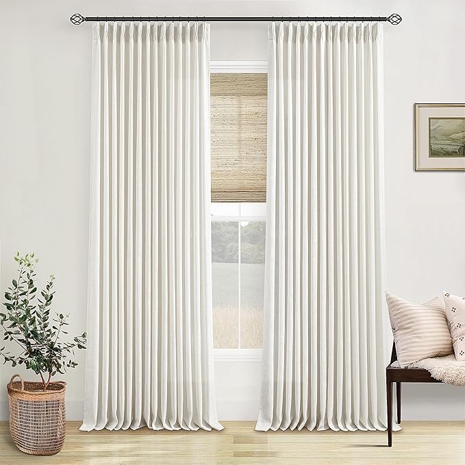 Extra Long Pinch Pleated 132 Inch Linen Curtains 2 Panels Set for High Ceiling Living Room Bedroom Memory Shaped Semi Sheer Pleat Drapes with Hooks Rings Light Filtering Natural Window Curtain 40x132