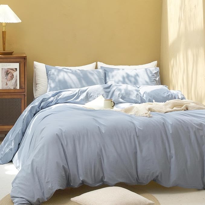 FOSSA Duvet Cover Set 100% Washed Cotton Linen Feel Super Soft Breathable Cozy 3 Pieces Bedding Sets Solid Cornflower Blue Super King Plus