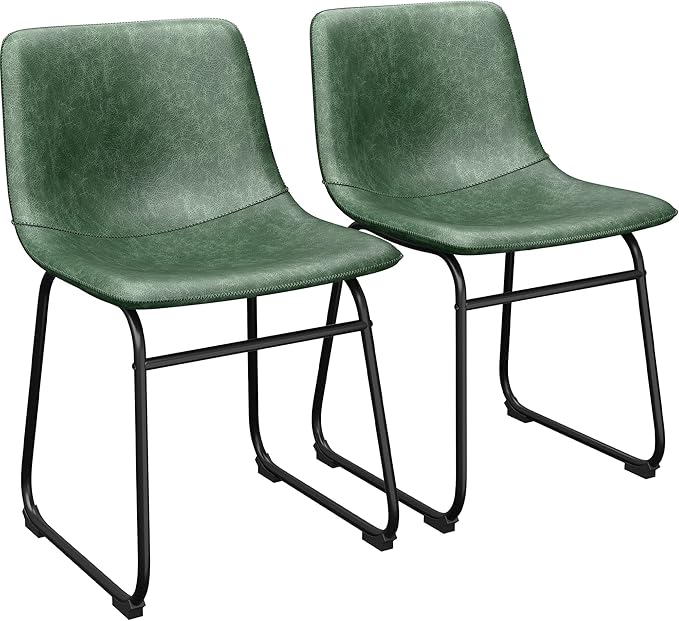 Dining Chairs Set of 2, 18 Inch Modern Armless Dining Chair with Back, Faux Leather Kitchen Dining Room Chair with Metal Legs for Home, Bistro Coffee Shops (Green)