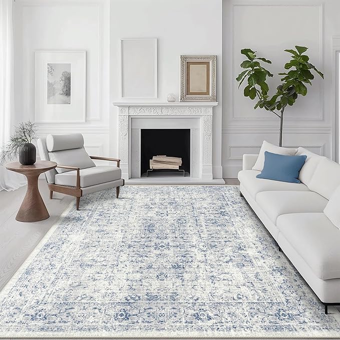 6x9 Area Rug, Ultra-Soft Washable Rug for Living Room, Dinner Room, Bedroom, Non-Slip Vintage Floral Rug, Indoor Carpet Large Area Rug, Blue