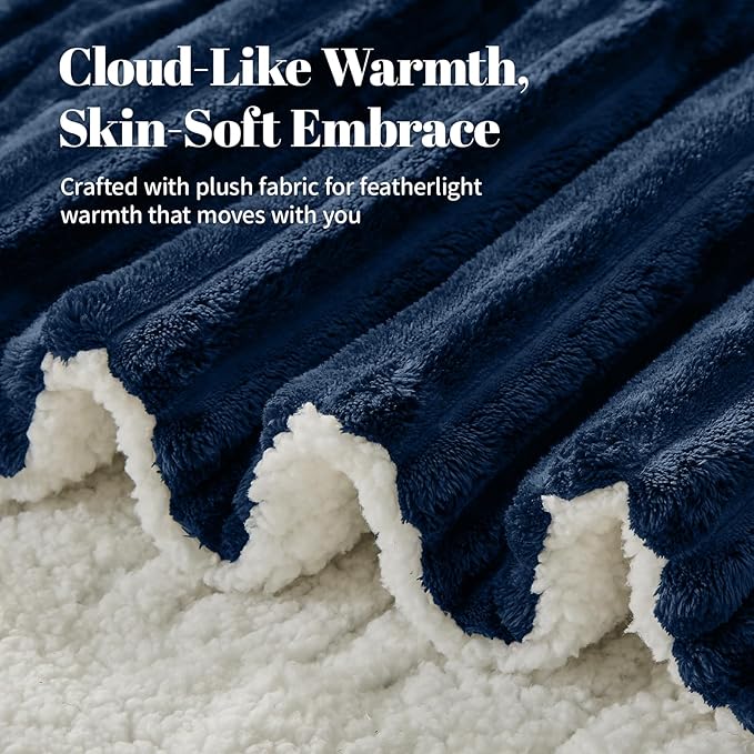 Electric Heated Throw Blanket - 50"x60" Fast Heating Bed Blankets with 6 Heating Levels & 4 Hours Auto Off, Soft Ribbed Flannel Sherpa, Over-Heated Protection ETL, Navy Blue