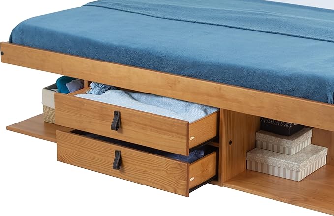 memomad Bali Slim Set: Storage Platform Bed with Drawers + Flat Panel Headboard (Queen Size, Oak Brown Wood)
