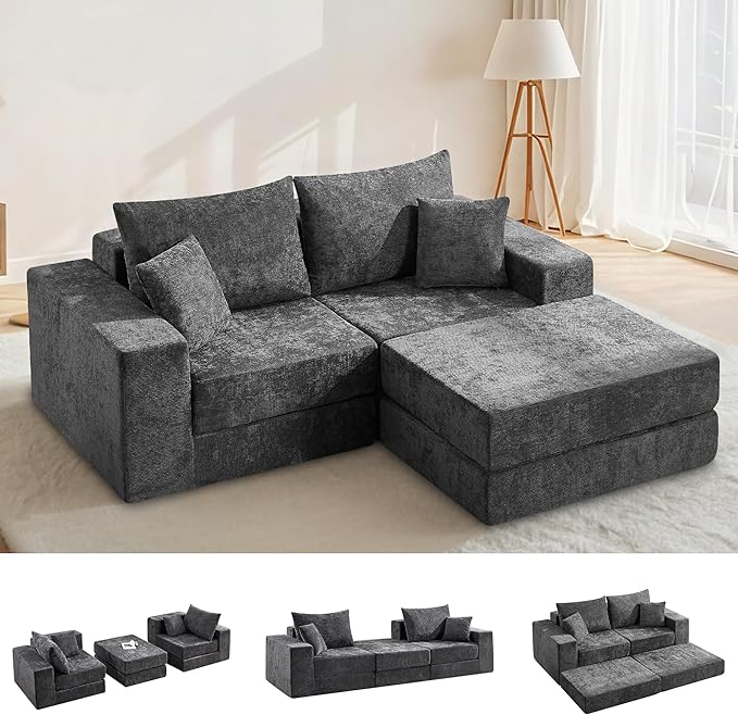 Boneless Sectional Loveseat Couch with Ottoman, Convertible Modular Floor Sleeper Sofa Bed, Comfy Foldable Compression Love Seat Sofa for Living Room, No Assembly, Dark Grey