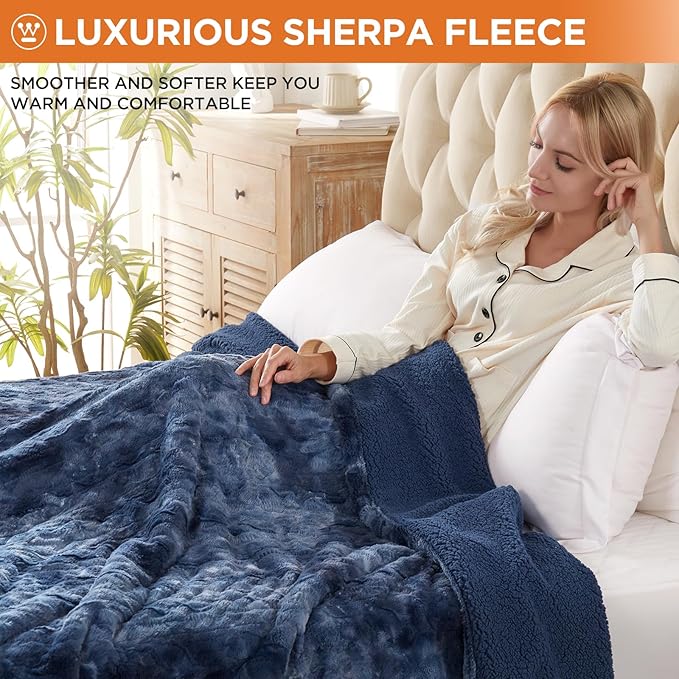 Westinghouse Electric Blanket Full, Faux Fur Heated Blanket with 10 Heating Levels & 1-12 Hours Auto Off, Soft Cozy Sherpa Heated Blanket Washable Blanket (80" x 84" Full Size, Indigo)