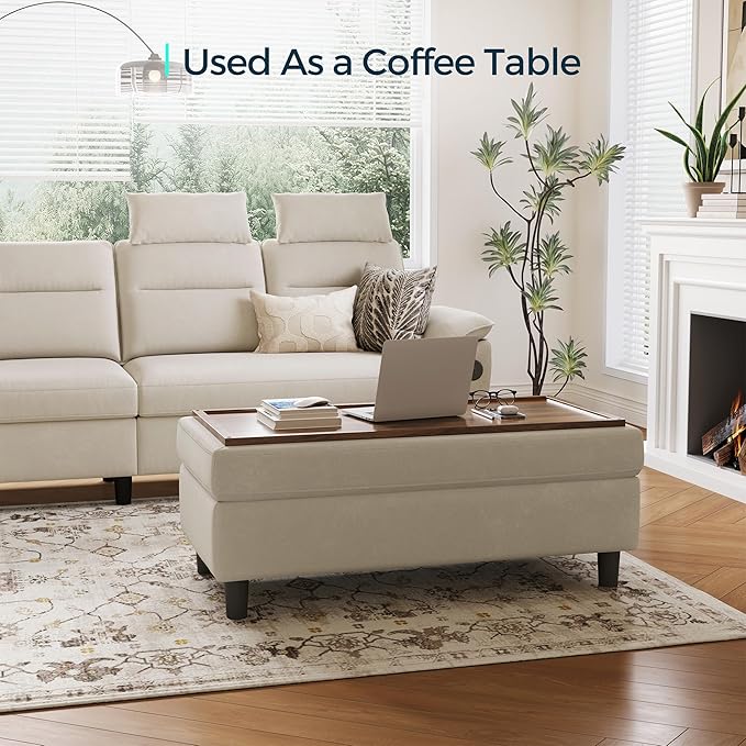 LINSY HOME 46 Inches Wide Storage Ottoman Bench, Linen Coffee Table Folding Long Shoes Bench Footstool, Storage Chest, Foot Rest Stool, for The Living Room, Entryway and Family Room, Beige