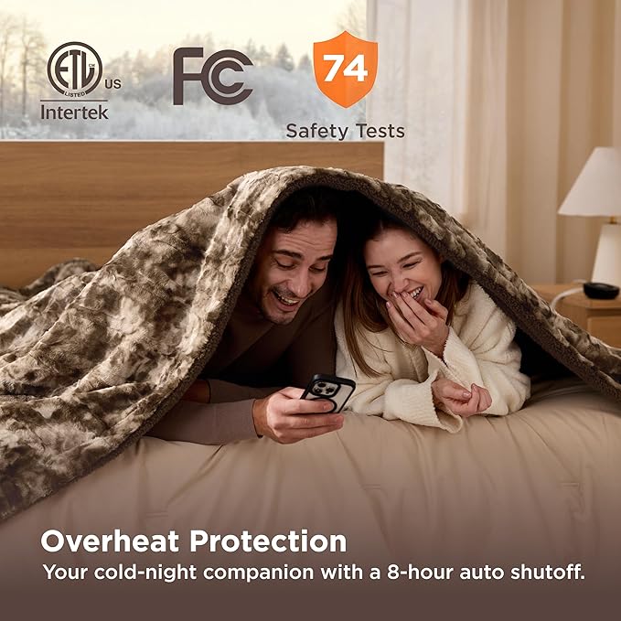 Bedsure Faux Fur Electric Blanket Queen Size, Dual Control Heated Blanket Queen, Fast Heating Blanket with 10 Heating Levels & 10 Time Settings, Cozy Gifts for Women Men (84x90 inches, Dark Chocolate)