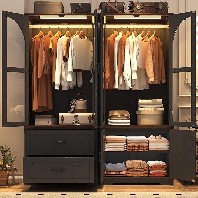 Tall Farmhouse 4 Doors Armoire Wardrobe Closet with LED ,72" Freestanding Arched Wardrobe Closet Cabinet for Bedroom w Glass Doors/Drawers,Wooden Clothing Storage Cabinet,Closets for Bedroom(Black)