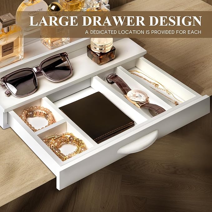 EOSAHR Decorative Cologne Organizer for Room Decor - 3 Tier Cologne Stand with Drawer and Hidden Compartment - Perfume Stand Organizer for Bedroom and Dresser (White)