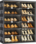 JEKO&JEKO 6-Tier Foldable Shoe Storage Cabinet with Magnetic Doors, Large Stackable Shoe Organizer Cabinet for Entryway, Clear Front Door Shoe Boxes Hold Up to 24 Pairs (Black)