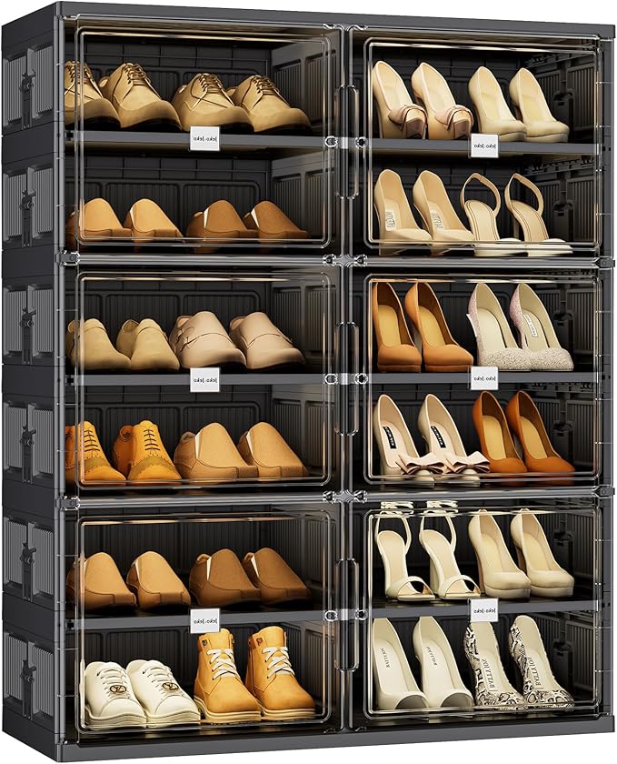 JEKO&JEKO 6-Tier Foldable Shoe Storage Cabinet with Magnetic Doors, Large Stackable Shoe Organizer Cabinet for Entryway, Clear Front Door Shoe Boxes Hold Up to 24 Pairs (Black)