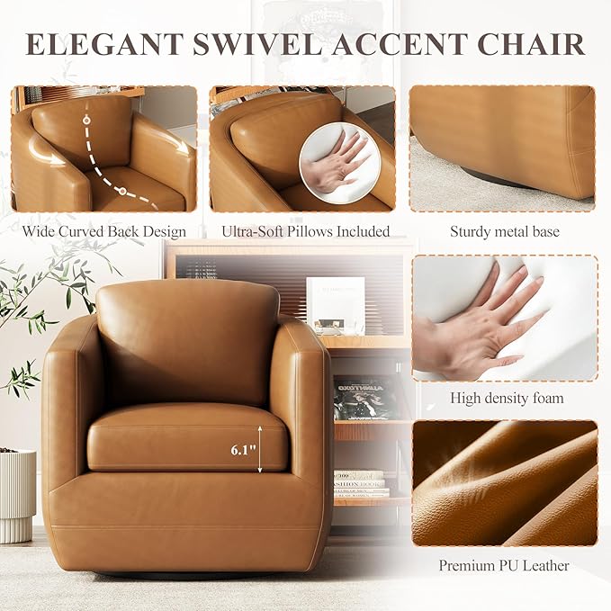 360° Swivel Accent Chair- Comfy Living Room Armchair No-Sag Foam & Sturdy Metal Base with Pillow, Fully Assembled Swivel Accent Single Sofa for Bedroom Living Room, Office, Brown