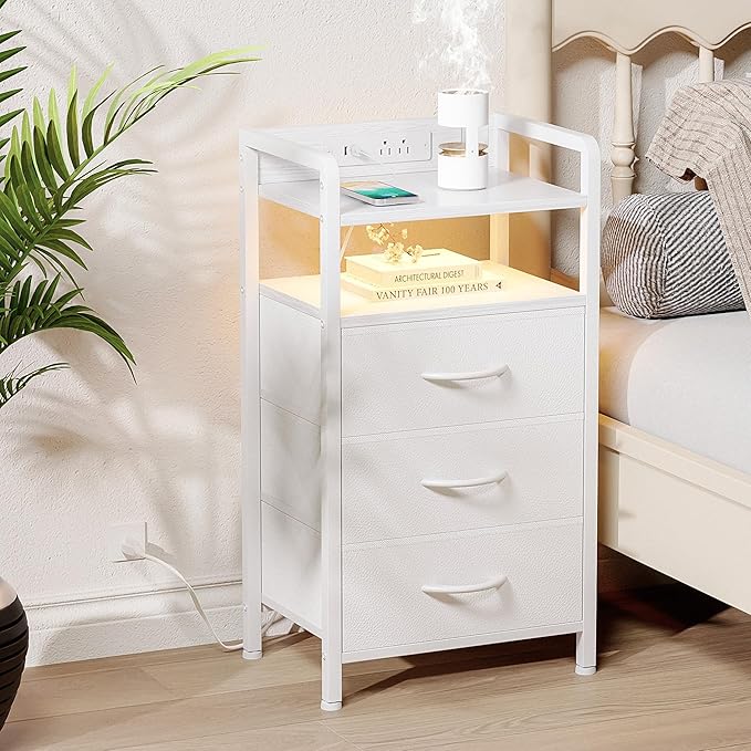 Night Stand Bedside Charger Bedroom - Nightstand with Charging Station, Bed Side Table with LED Light Strip, End Table with U-S-B Ports & AC Outlets, Storage Shelf & 3 Fabric Drawers, White